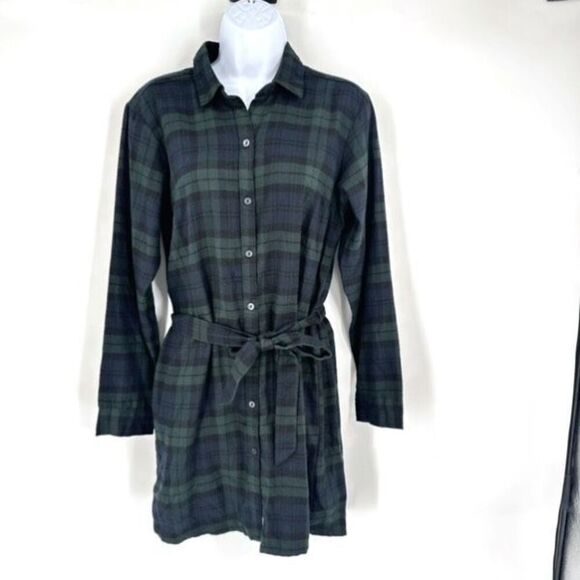 Abercrombie & Fitch A&F Navy Plaid Flannel Belted Shirt Dress Small Soft Preppy - Picture 2 of 9